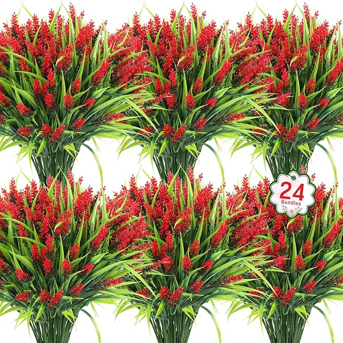 Ouddy Decor 24 Bundles Artificial Flowers for Outdoors, Fake Lavender Flowers Monkey Grass Faux Plastic Plants Shrubs UV Resistant for Porch Garden Window Box Office Home Decorations, Red