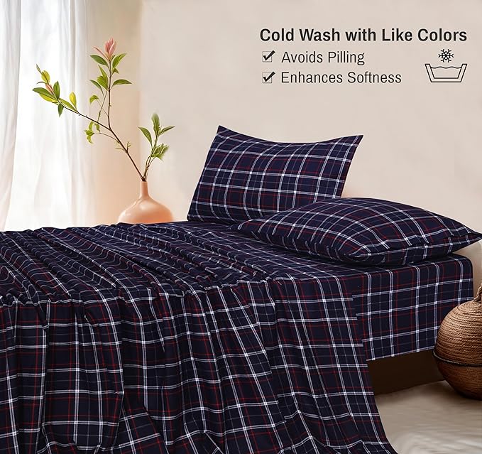 RUVANTI Flannel Sheets King Size - 100% Cotton Brushed King Size Sheets Set - Deep Pockets 16 Inches Bed Sheets - All Seasons Breathable & Extra Soft - Warm & Cozy, 4 Piece, Yankees Blue