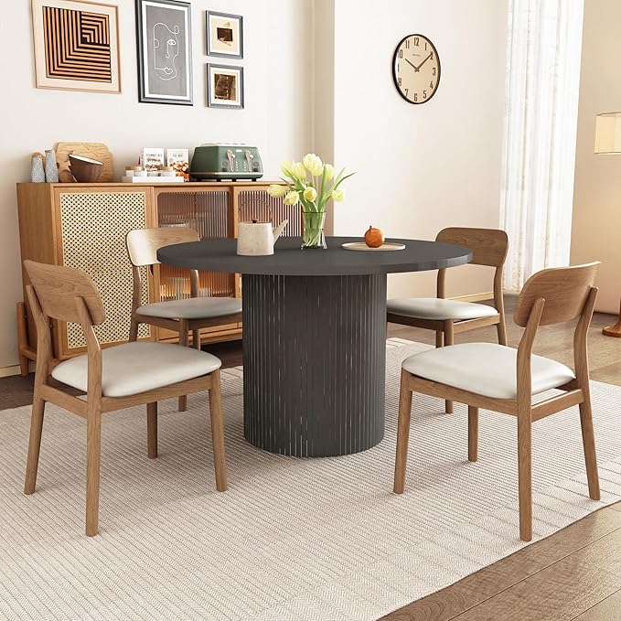 weselon Round Dining Table for 4, Modern Farmhouse Kitchen Table, 47 Inch Small Circle Dining Tables with Wood Strip Base for Kitchen Living Room (Black)
