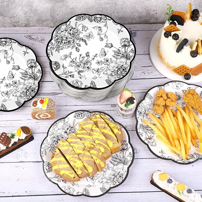 100 Pieces Black Floral Paper Plates 9 Inches Disposable Black and White Flower Scalloped Plates Vintage Floral Dinner Dessert Decorative Plate for Wedding Baby Shower Birthday Party Supplies