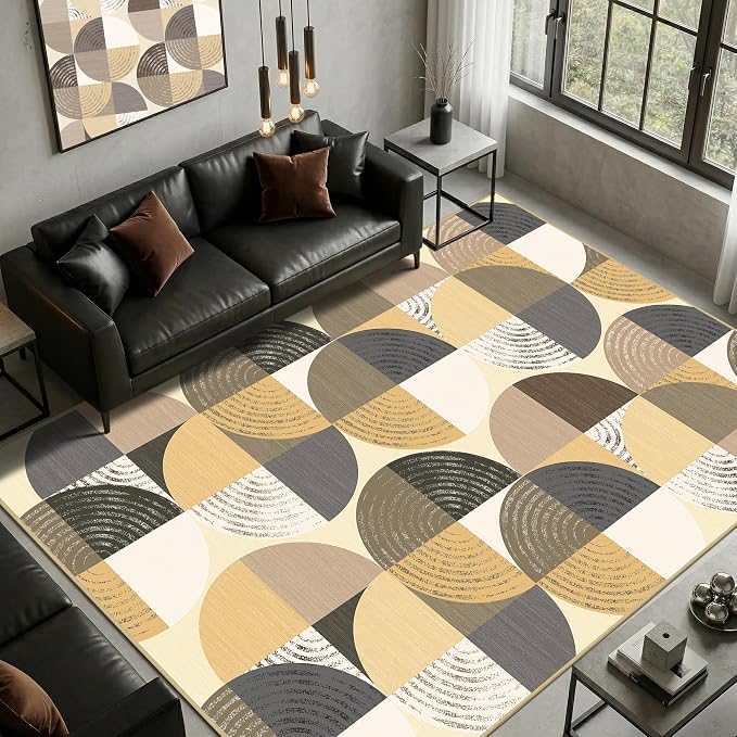 Merelax 5x8 Geometric Rug for Livingroom Bedroom - Washable Non-Slip Abstract Multi-Color Area Rug, Indoor Floor Carpet Low Pile Soft Rug for Dining Room, Mudroom, Modern Aesthetic Decor, Light Tan