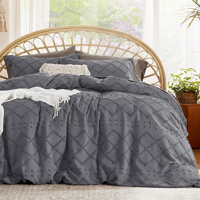 Bedsure Boho Duvet Cover Queen Size - Dark Grey Breathable & Soft Boho Bedding, Machine Washable Comforter Cover for All Seasons, Includes 1 Duvet Cover 90"x90" with 2 Pillow Shams & Zipper Closure