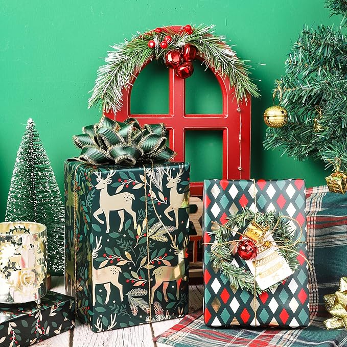 LeZakaa Green Christmas Wrapping Paper Mini Roll, Reindeer Holly Leaves Geometric Metallic Foil Holiday Gift Wrap, Arts Craft, for Xmas Winter Party, 17 x 120 inches, 3 Rolls