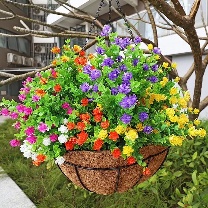 20 Bundles Artificial Flowers Outdoor Fake Plants, UV Resistant No Fade Faux Plastic Greenery Shrubs for Hanging Planter Garden Porch Window Box Outside Decoration,Home Indoor Decor, 5 Colors