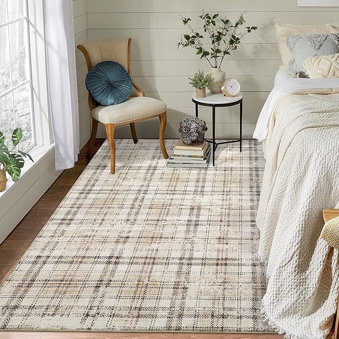 Washable 5x7 Soft Plaid Traditional Tartan Area Rug - Non Shedding, Non Slip, Stain Resistant, for Living Room, Bedroom, Nursery, Office - Beige