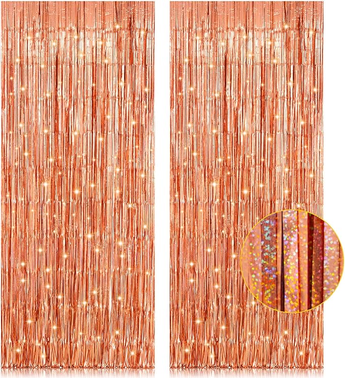 2 Pack 3.2ft x 8.2ft Rose Gold Foil Fringe Curtain Backdrop, Metallic Tinsel Foil Fringe Streamer Curtains Photo Booth Props, Ideal for Bachelorette Birthday Christmas New Year Party Decorations