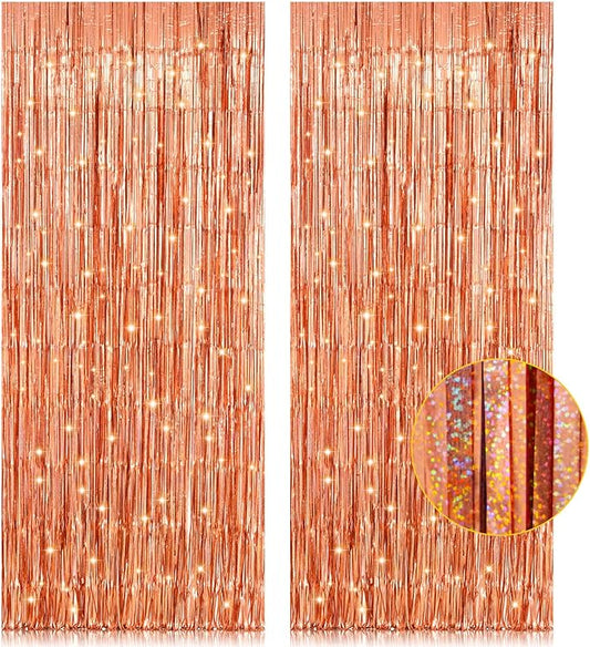 2 Pack 3.2ft x 8.2ft Rose Gold Foil Fringe Curtain Backdrop, Metallic Tinsel Foil Fringe Streamer Curtains Photo Booth Props, Ideal for Bachelorette Birthday Christmas New Year Party Decorations