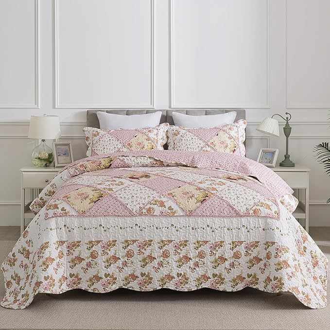 HoneiLife Queen Quilt Bedding Sets - Floral Quilt Bedding Sets 3-Piece 90x96, Lightweight Bedspreads Patchwork Coverlet Rustic Bedding Set All Season Quilts