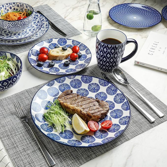Selamica Ceramic Dinnerware Sets for 4, 16 Pieces Dishes Set, Scratch Resistant Plates and Bowls Sets, Microwave and Dishwasher Safe (Vintage Blue) A