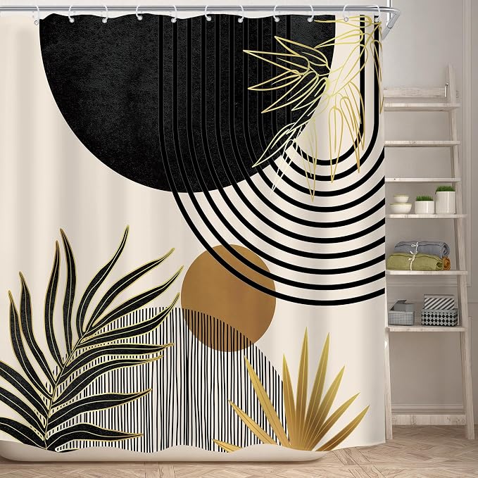 KOMLLEX Mid Century Black Gold Boho Shower Curtain 72Wx72L Inches Abstract Modern Green Shower Curtains for Bathroom Plant Botanical Minimalist Arch Sun Fabric Liner Waterproof Polyester 12 Pack Hooks