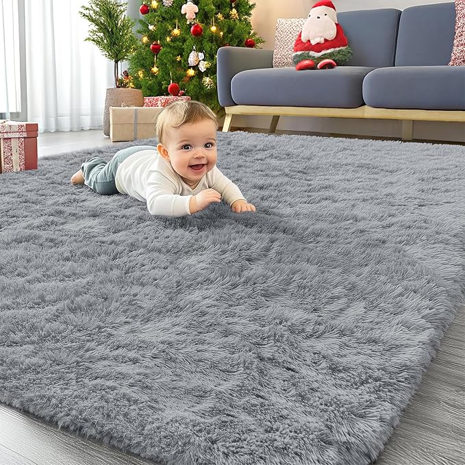 OLANLY Area Rugs for Living Room Bedroom, Machine Washable 4x5.9 ft Soft Fluffy Shaggy Bedside Rug, Indoor Floor Carpet for Kids Girls and Boys, Dorms, Nursery Rooms, Home Decor, Silver Grey