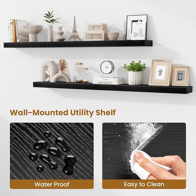Fun Memories 55 Inch Floating Shelves Bedroom, Large Extra Floating Shelf Set of 2 with Invisible Brackets, Black