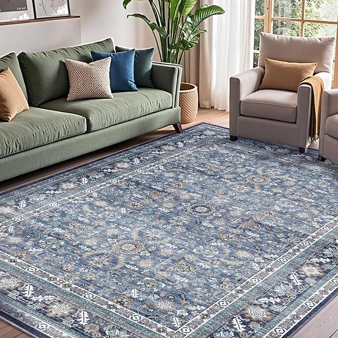 OPPODREAM Vintage Blue Area Rugs 9x12, 9 x 12 Retro Washable Rug Non Slip, Low-Pile Faux Wool Carpet, Distressed Navy Floor Mat for Living Room, Bedroom, Office, Dorm, Dinning Room, Big & Large
