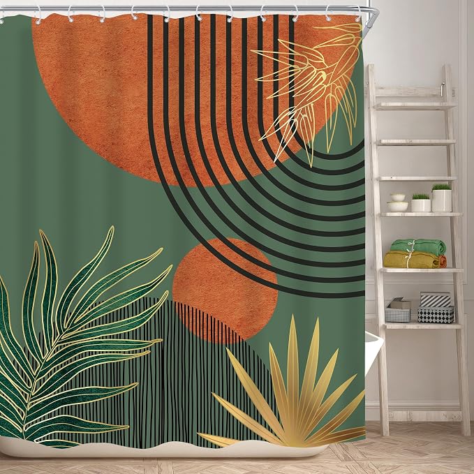KOMLLEX Mid Century Green Orange Boho Shower Curtain for Bathroom Decor Abstract Modern Sun Minimalist Aesthetic Arch Curve Leaves Geometric Neutral Fabric Waterproof Polyester 12 Pack Hooks 60Wx72L