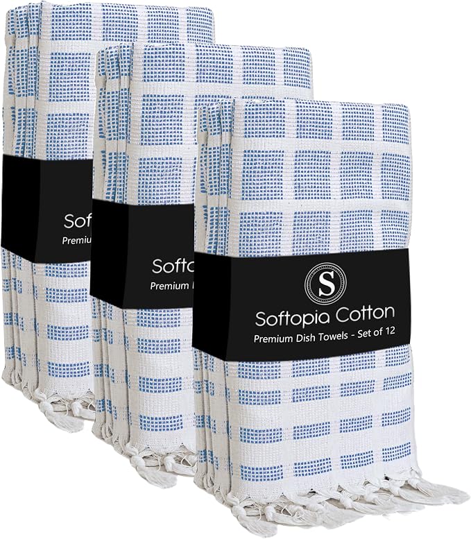Matrix Dobby Kitchen Towels 12 Pack, 100% Cotton, 16x26 Inches, Handmade Knotted Tassel Dish Towels, Quick Dry, Durable, Absorbent and Reusable Cleaning Cloths - Sky Blue, Natural