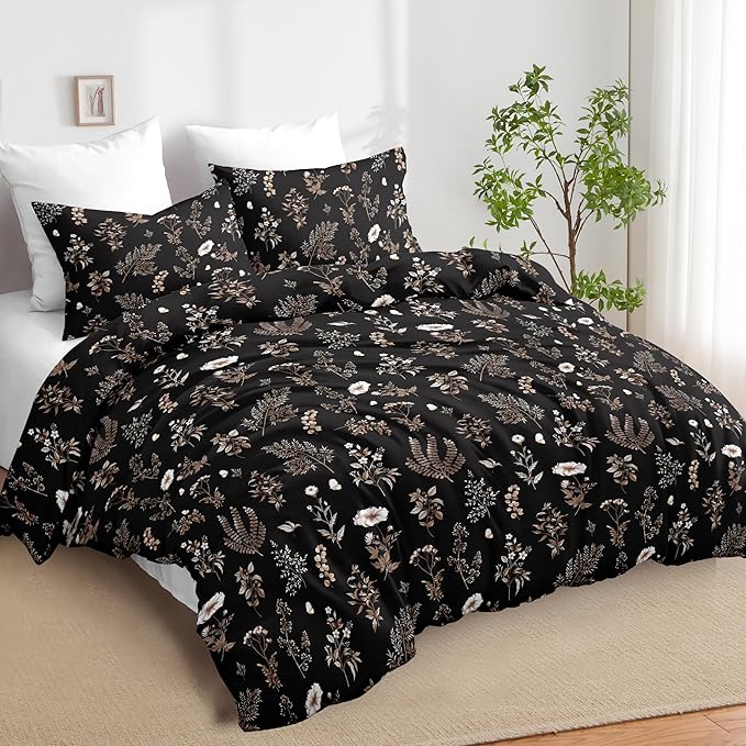 Nayoroom Black Floral Duvet Cover Queen Size Cottagecore Botanical Flower Duvet Cover 3 Pieces Soft Lightweight Aesthetic Bedding Set with Zipper Closure
