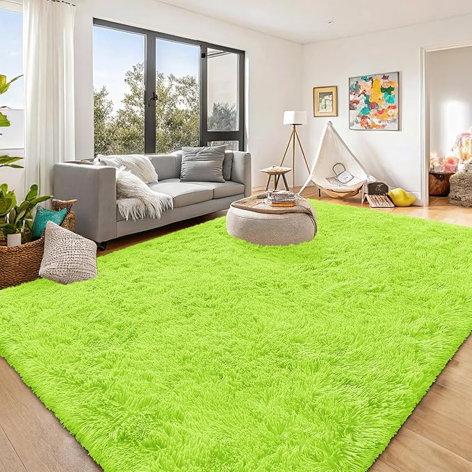 OLANLY 9x12 Machine Washable Large Area Rugs for Living Room, Bedroom, Soft Fluffy Shaggy Bedside Rug, Indoor Floor Carpet for Kids Girls and Boys, Dorms, Nursery, Home Decor Aesthetic, Lime Green