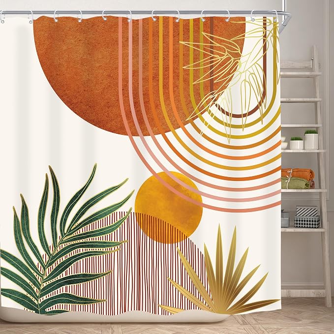 KOMLLEX Mid Century Orange Boho Shower Curtain 72Wx72L Inches Abstract Modern Shower Curtains for Bathroom Decor Plant Botanical Minimalist Arch Sun Fabric Liner Waterproof Polyester 12 Pack Hooks