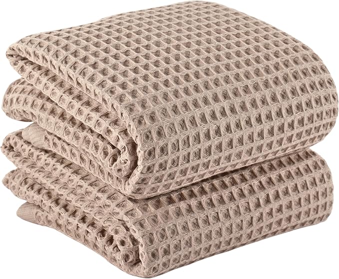 PÜSKÜL Natural 100% Turkish Cotton Waffle Bath Towels Set of 2-Piece | 32x63 inch Extra Large Absorbent Quick-Dry Lightweight Spa Towel | Luxury Sauna Accessories (Beige Bath Towels - Pack of 2)