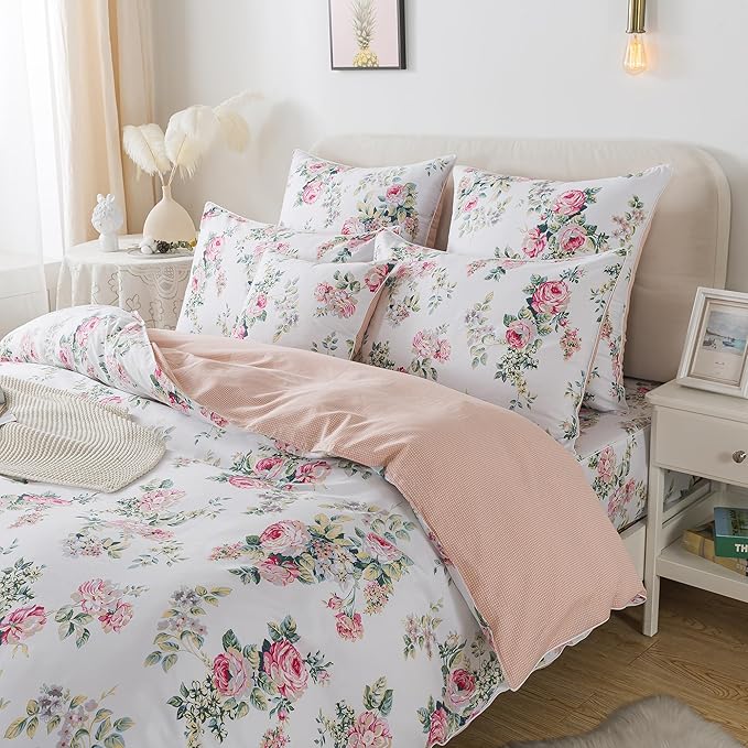 FADFAY Duvet Cover Set Pink Rose Floral Bedding Shabby Peony Flower Quilt Cover Set Vintage Farmhouse Bedding 100% Cotton Soft Comforter Cover Set with Zipper Closure 3Pcs, King/California King Size