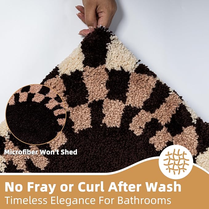 Cute Microfiber Checkered Bath Mat, Non Slip High Pile Absorbent Mat, Tufted Checkerboard Rug for Toilet, Sink, Funky Apartment Decor, Brown, Machine Washable, 16"x24"