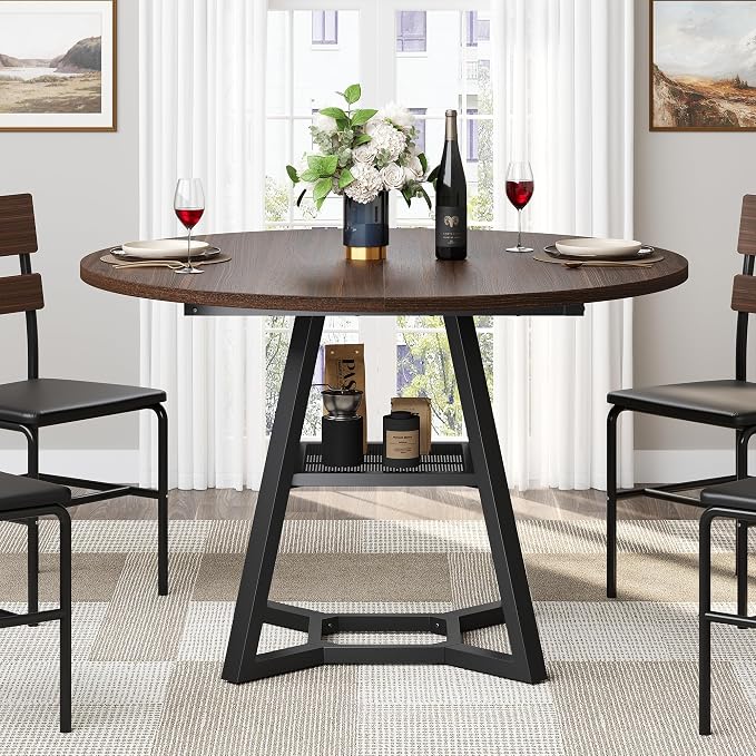 knoworld 47" Round Dining Table for 4, Kitchen Tables Dining Room Circle Dinner Table with Pedestal Metal Frame, Space Saving Wood Industrial Kitchen & Dining Room Tables, Walnut 47In