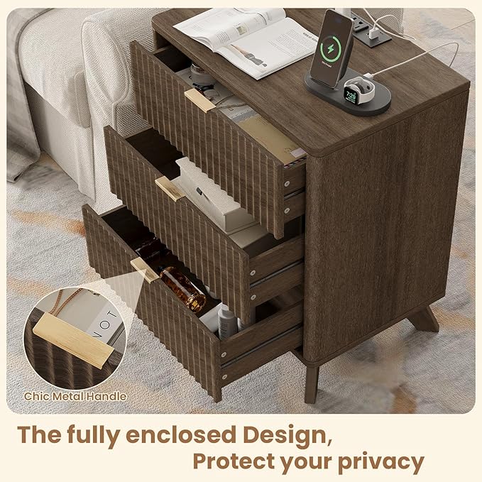 30" Tall Fluted NightStand Set of 2,Modern Side Table with Storage, 3 Drawers End Table with Charging Station,Night Stand Wood Bedside Tables for Bedroom,Curved Profile Design,Walnut