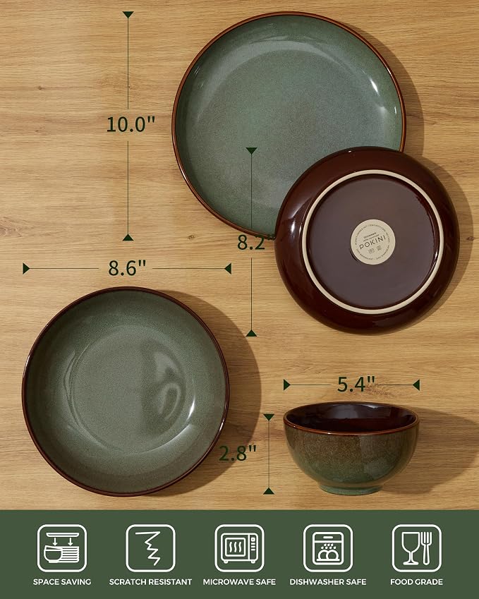 Pokini 32 Piece Double Bowl Dinnerware Sets with Pasta Bowls, Highly Chip and Crack Resistant Plates and Bowls Sets, Natural Earthyware Ceramic Dishware Sets, Service for 8 Sage Green