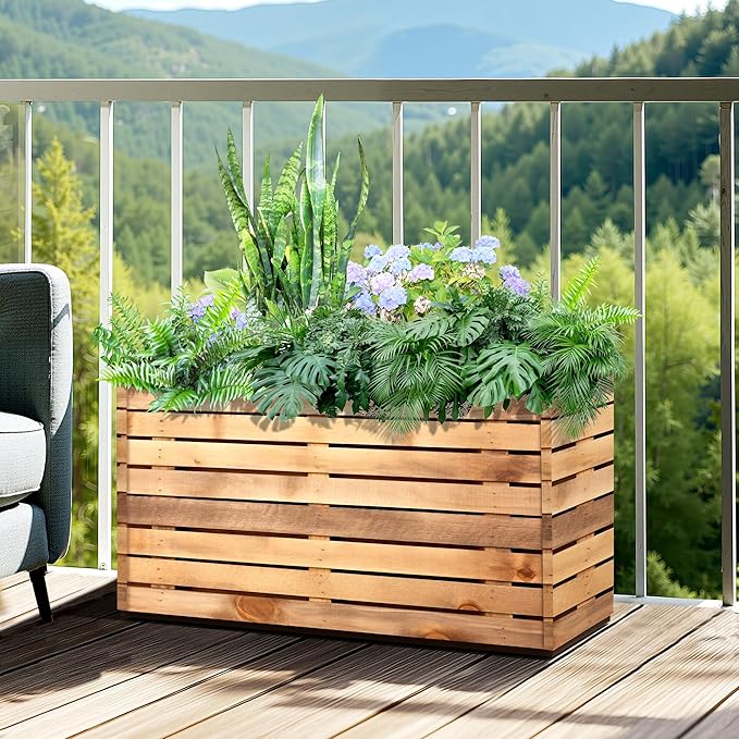 Metal Planter Box Rectangular Planter Box with Drainage Hole, Outdoor Large Planters, All-Weather Use, Rust-Resistance, for Flowers Plants, 32" L × 15" W × 16.3" H, Dark Walnut