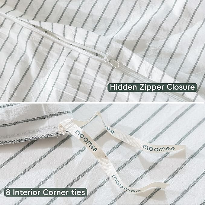 MooMee Striped Duvet Cover Set 100% Washed Cotton Linen Like Textured Breathable Durable Soft Comfy (White Heathered Green Wide Stripes, Super King Plus 120"x120")