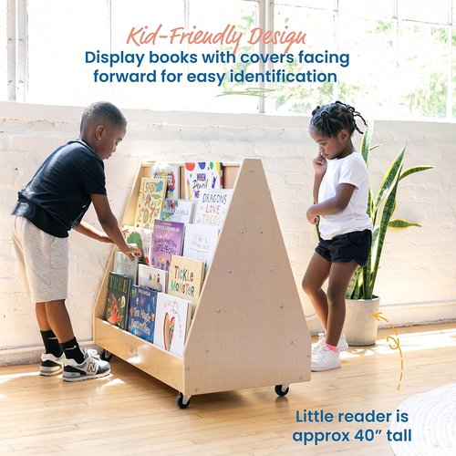 ECR4Kids Double-Sided Wooden Book Display - Montessori Storage Solution | Natural Finish