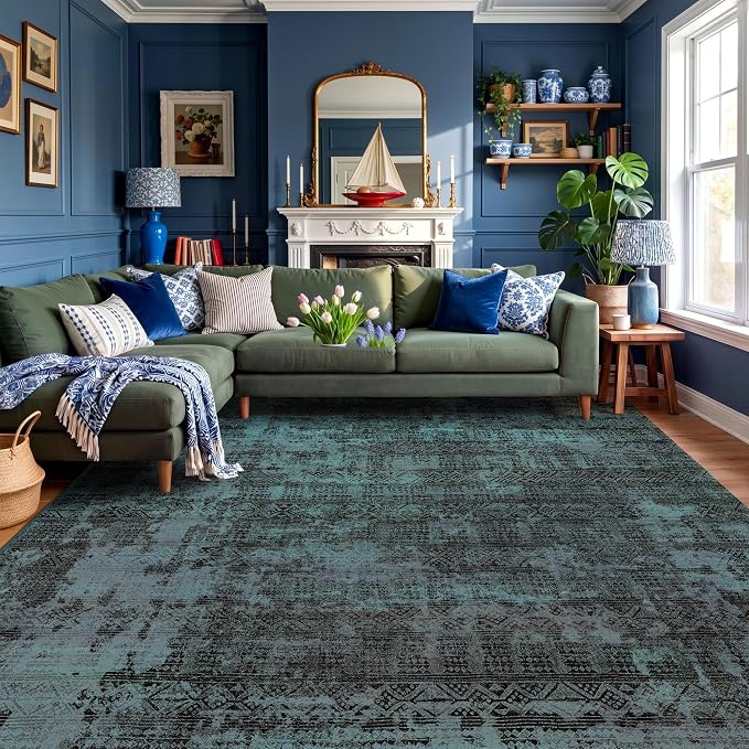 Kokia Abstract Area Rugs 9x12 Bedroom Washable Decor Low Pile Non-Slip Non-Shedding Indoor Deep Teal Carpet Foldable Stain Resistant Floor Mat Living Room Dining Room, Ocean Teal