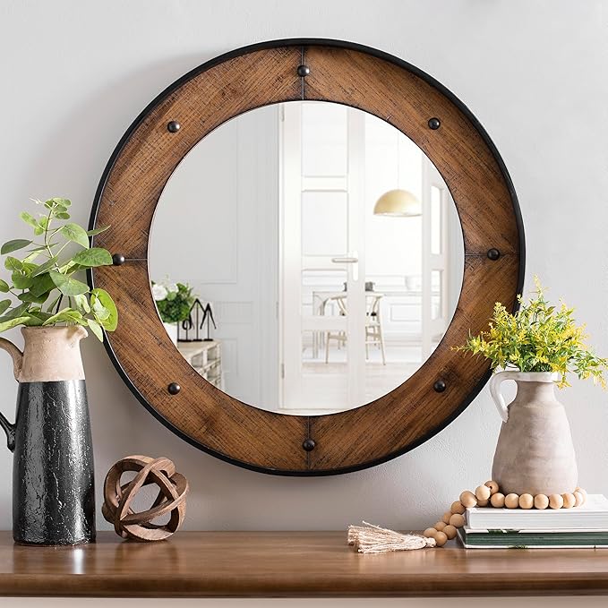 Rustic Round Wall Mirror 24 Inch, Natural Wood Frame with Black Metal Trim, Industrial Farmhouse Style Wall Mirror with Decorative Nailhead Accents for Bathroom, Living Room, or Entryway