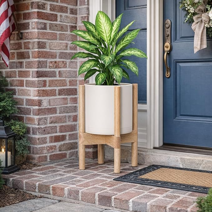 D'vine Dev Planter Pot with Stand - 8 Inch Plastic Cylinder Flower Pot with Wood Planter Holder for Indoor, Oatmeal Pot + Natural Stand, 55-C-J-4