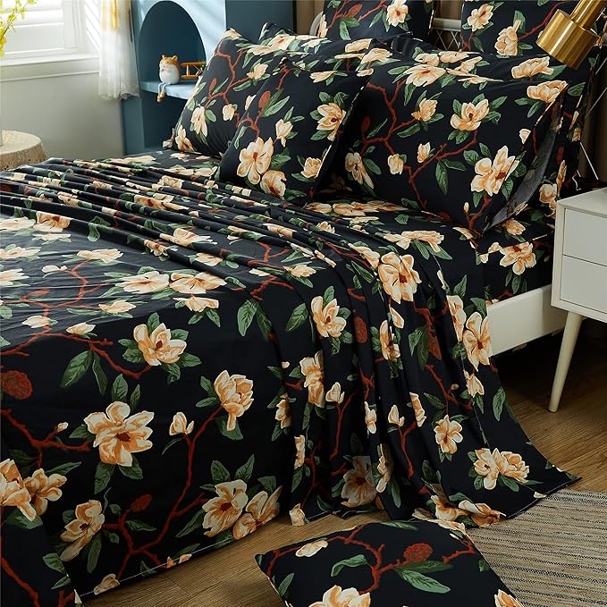 FADFAY Sheets Set King Shabby Black and Yellow Floral Bedding Elegant Peony Sheets Set Vintage Farmhouse Bedding Soft 100% Egyptian Cotton 800 Thread Count Deep Pocket Fitted Sheet, 4Pcs-King Size