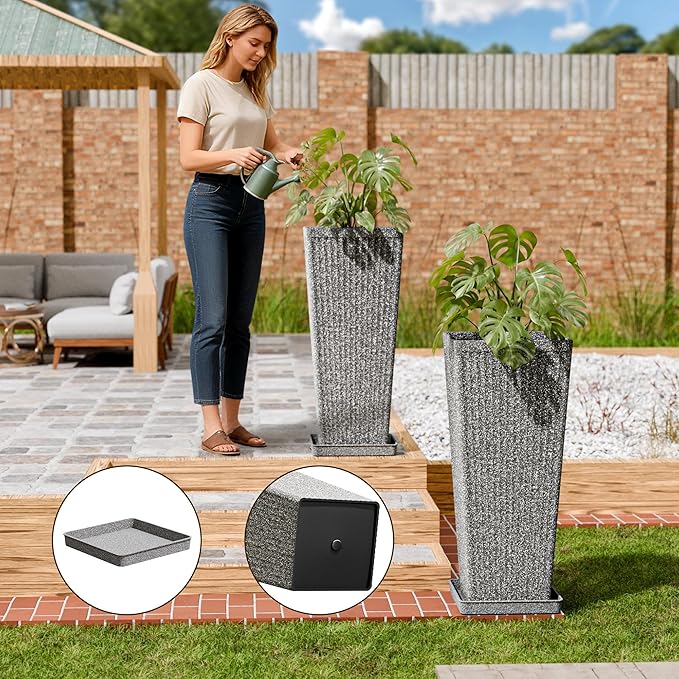 Tapered Tall Planters for Outdoor Plants 2 Pack- 23.6 Inch Heavy-Duty Classic Square Indoor Flower Pots with Drainage Holes/Partition/Tray, Large Outdoor Planters for Porch Patio, Gray