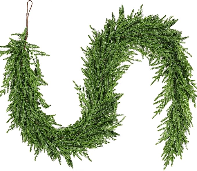 9 Ft Christmas Norfolk Pine Garland Real Touch Artificial Faux Greenery Christmas Garland Decorations for Home Mantle Table Fireplace Stairs Door Indoor Outdoor Holiday Decor