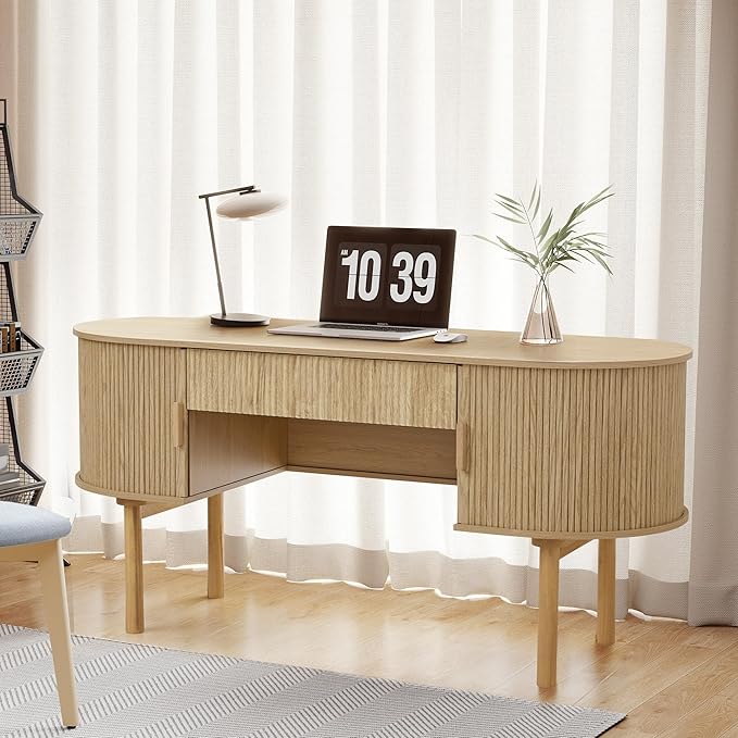 Executive Office Desk with Storage, 63 Inch Large Computer Workstation Desk with Drawer and File Cabinets, Mid Century Modern Fluted Wood Writing Desk for Home Office, Study Room, Living Room, Natural