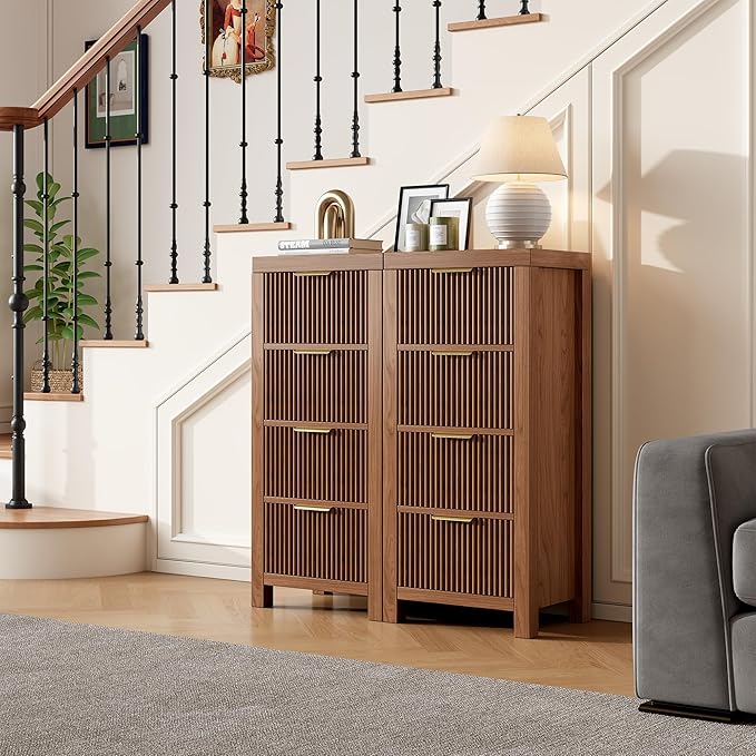 Modern 8-Drawer Solid Wood Dresser with Fluted Front & Gold Handles, Multifunctional Tall Storage Chest, for Hallway, Entryway, Walnut X2