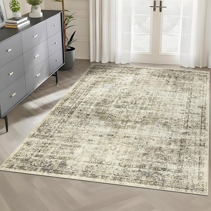 Washable 5x7 Area Rugs for Living Room Low Pile Boho Small Carpet Soft Bedroom Rug Vintage Distressed Indoor Rugs Non Shedding Thin Retro Carpet for Kitchen Nursery Dining Room, Green