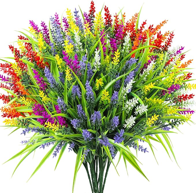 Ouddy Decor 24 Bundles Artificial Flowers for Outdoors, Fake Lavender Flowers Monkey Grass Faux Plastic Plants Shrubs UV Resistant for Porch Garden Window Box Office Home Decorations, Mixed