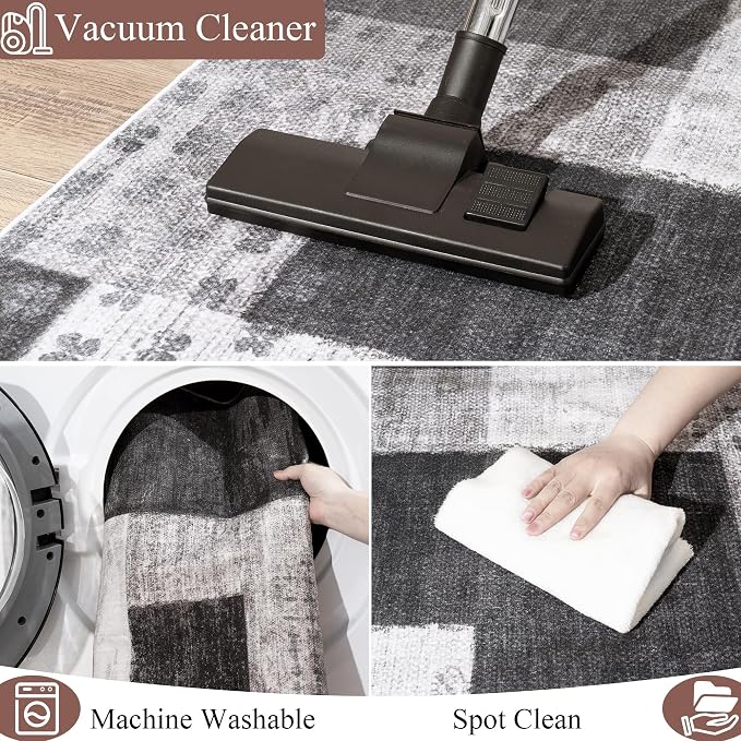 Modern Geometric Patchwork Indoor Runner Rug for Living Room, Charcoal 2.7'x 8' Rug Rockwood Collection Hardwood Floors Decor for Bedroom, Grey Throw Carpet for Office Entryway Dining Room