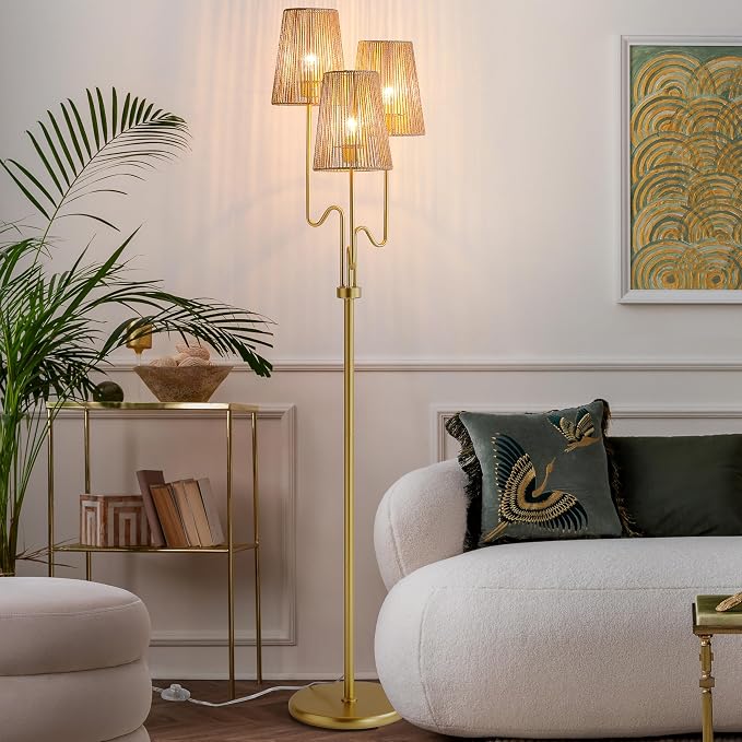 Boho Floor Lamp, 68in. Rattan floor lamp with Natural Woven Shade, Rustic Standing Lamp for Coastal, Beach or Bohemian Style Decor, E26 Socket, On/Off Footswitch Lamp for Living room, Bedroom (Gold)