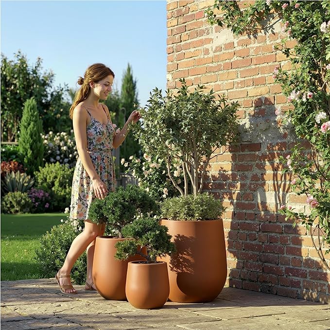 DTY Signature Mount Wilson Modern Indoor Outdoor Fiberstone Tapered Planter, Lightweight, Weather Resistant Garden Pot with Drainage Hole & Rubber Plug, Planter for Christmas Decor – Terracotta, Large
