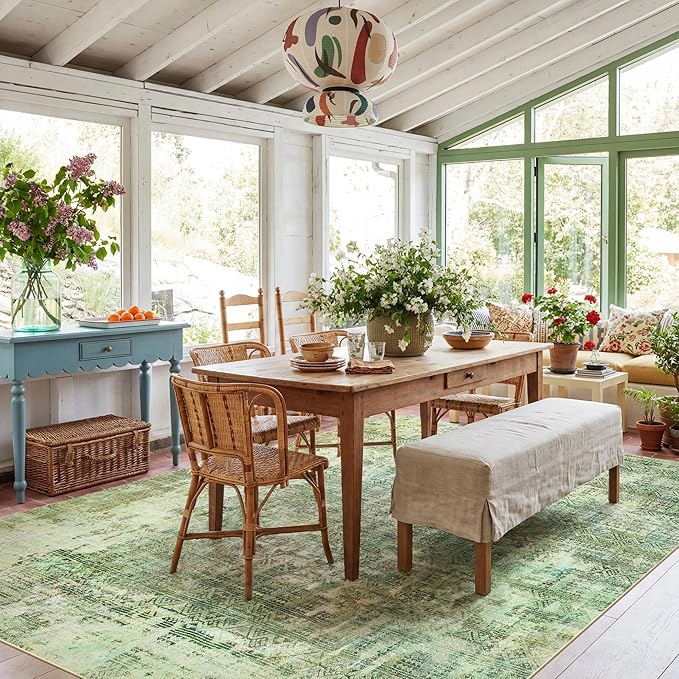 Kokia Abstract Green Area Rugs 8x10 Bedroom Soft Living Room Rugs Washable Distressed Vintage Comfy Carpet with Non-Slip Backing for Farmhouse Home Office Room Decor, Sage Green
