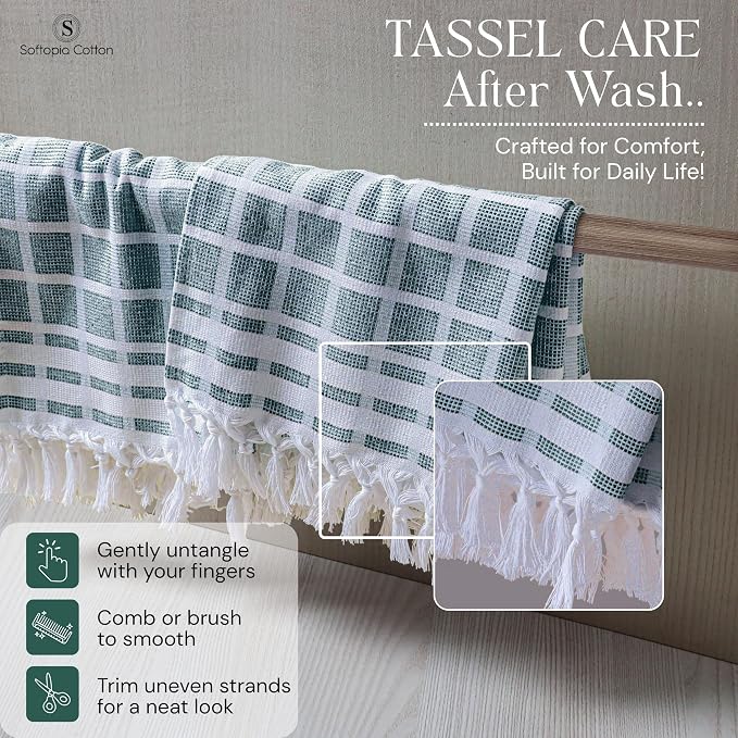 Matrix Dobby Kitchen Towels 4 Pack, 100% Cotton, 16x26 Inches, Reusable Dish Towels with Handmade Tassels, Washable Absorbent Tea Cloths for Cleaning, Cooking - Forest Green, White