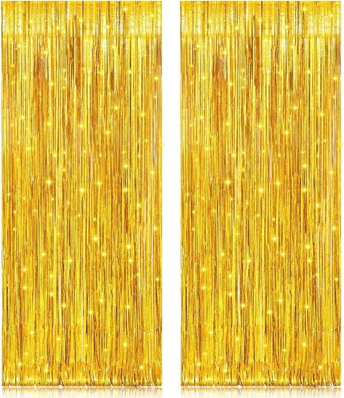 2 Pack 3.2ft x 8.2ft Gold Metallic Foil Curtains, Big Laser Glitter Fringe Rain Curtain Photo Booth Backdrop Tinsel Curtain Streamer for Birthday Wedding Graduations Christmas Event Party Supplies