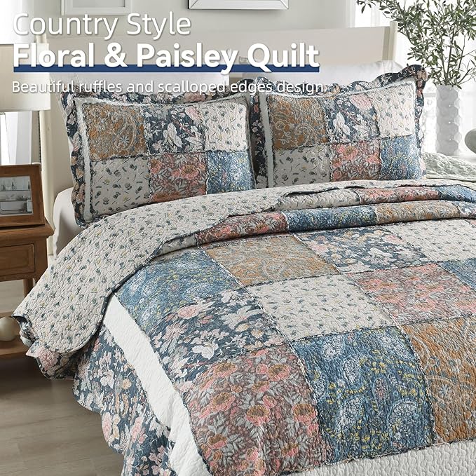 Yvooxny 3-Piece Quilt Set Queen Size Quilted Bedspread Reversible Country Style Blue Floral Paisley Real Patchwork Bedding Quilt Set with Ruffles with Pillowcases for All Seasons, 98 * 90 Inches