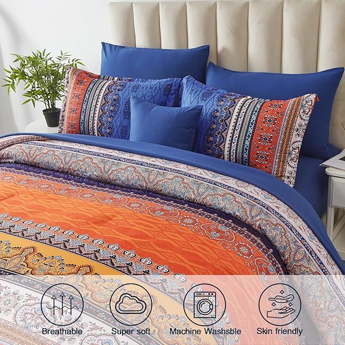 Cottolester Boho Comforter Set Queen Size 8 Piece Bed in a Bag Burnt Orange Paisley Fall Comforter and Sheet Set Bohemian Striped Bedding Set,Soft Microfiber Complete Bedding Set