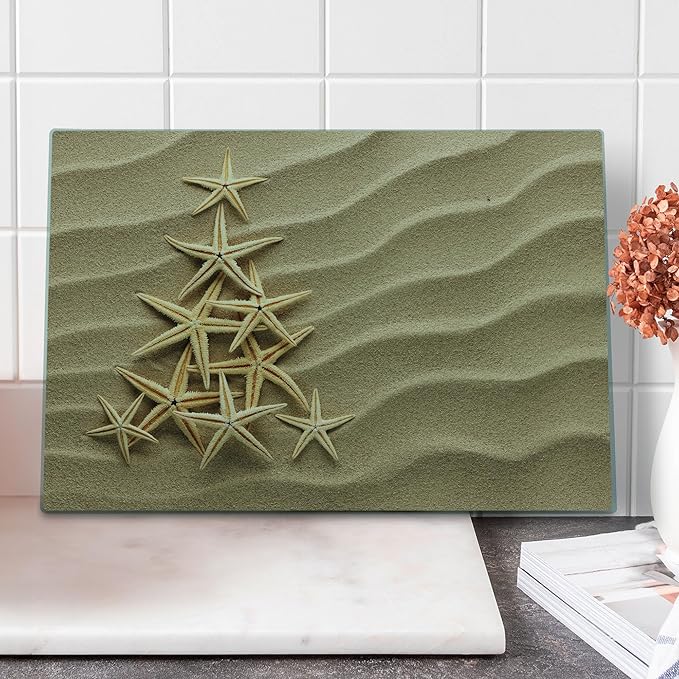 Ambesonne Coastal Cutting Board, Triangular Shaped Multiple Starfish on Sand Calmness Simplicity Sea, Decorative Tempered Glass Cutting and Serving Board, Large Size, Dark Sand Brown Pale Camel